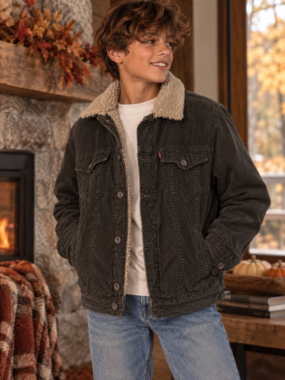 Levi’s Sherpa Corduroy Trucker Jacket Youth L 12-13 Charcoal Moss